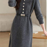 Turn-down collar mid-length waist-cinched long-sleeved knitted dresses