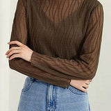 Half Turtleneck Long Sleeve Lace Layered Top with Tulle Underlay in 7 Colors