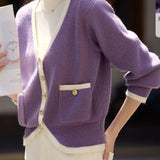 V-neck color-blocked Chanel-style long-sleeved knitted sweater