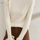 Button Decorated High Neck Fit Knit with Sleeve Slit Design - 3 Colors Available