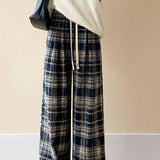 High-Waisted Draped Straight-Leg Plaid Wide-Leg Pants