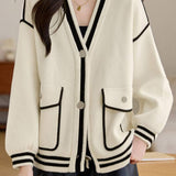 V-neck color-blocking knitted coats