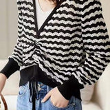 Cutout Jacquard Two-tone V-Neck Faux-Layer Knit Sweater