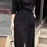 Two-Piece Set: Simple V-Neck Tied Knit Top + Side Slit Long Knit Skirt