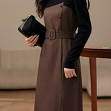 Elegant Midi-Length Long Sleeve Dress with Waist Belt