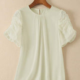 Mixed Material Round Neck Gathered Sleeve Blouse - 2 Colors Available