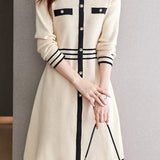 Color-Blocked Mid-Length Knit Dress in Chanel Style