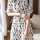 Band Collar Geometric Print Flap Decor Flare Dress with Lining