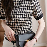 Round Neck Houndstooth Print Short Sleeve T-Shirt