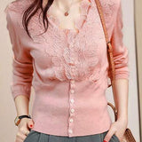 V-Neck Embroidered Lace Decor Knit Cardigan - 3 Colors Available