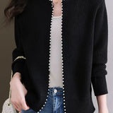 Pearl-decorated knitted sweater cardigan