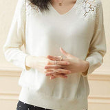 Lace and pearl V-neck sweater