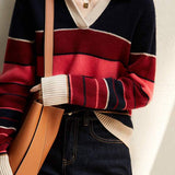 Color-block Striped Retro Polo Neck Knit Top