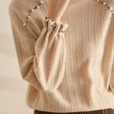 Elegant beaded high - neck knitted sweater