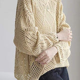 Round Neck Openwork Drop Shoulder Knit - 2 Colors Available