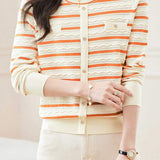 Fashionable Striped Open-Front Cutout Long Sleeve Knit Cardigan