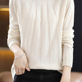 Vertical striped mock neck long-sleeved knitted sweater