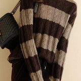 Color-Block Striped Cable Knit Turtleneck Sweater