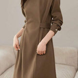 Round Neck Rib Hem Belted Dress