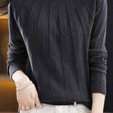 Vertical striped mock neck long-sleeved knitted sweater