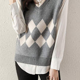 Casual V-Neck Diamond Pattern Knit Vest - 3 Colors Available