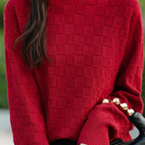 Half turtleneck solid-color sweater with square decorations