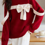 Red Round Neck Loose Knit with Ribbon