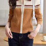 Polo Collar Retro Color-Block Knit Cardigan