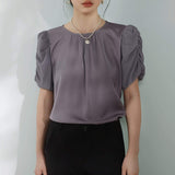 Mixed Material Round Neck Gathered Sleeve Blouse - 2 Colors Available