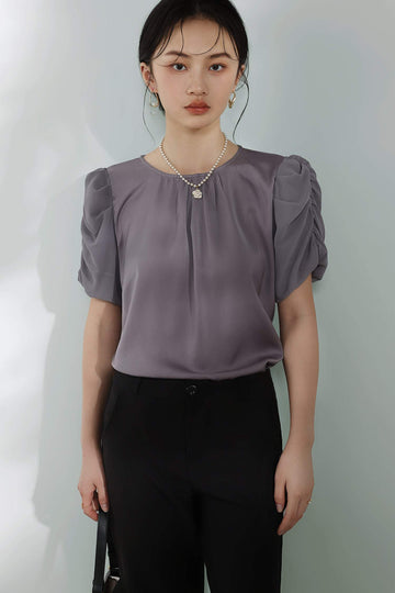 Round neck gathered sleeve blouse in different materials, 2 colors included