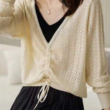 Cutout Jacquard Two-tone V-Neck Faux-Layer Knit Sweater