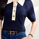 Bi-Color Simple Polo Knit Top