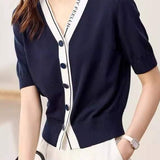 V-neck side logo decorative knit cardigan