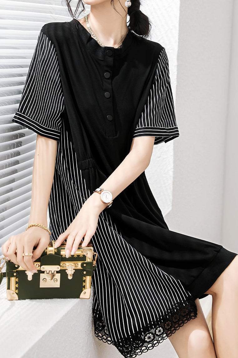 Lace decorative striped switching asymmetric dress with lining
