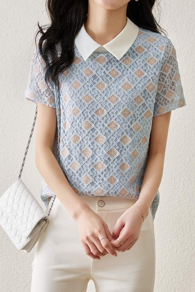 Bicolor check lace short sleeve sheer shirt with lining