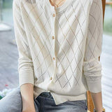 Round Neck Open Knit Check Pattern Cardigan - 3 Colors Available