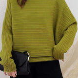 Batwing-sleeved striped knitted top