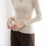 V-Neck Front Cross Side Gathered Button Decor Knit - 4 Colors Available