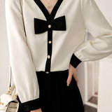 French V-Neck Bow Tie Long Sleeve Top