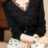 V-Neck Embroidered Lace Decor Knit Cardigan - 3 Colors Available