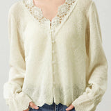 Lace-spliced V-neck knitted sweater