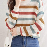 Color-Block Striped Loose Hollow-Out Long Sleeve Top