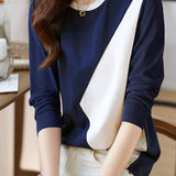 Blue and White Color Block Round Neck Sweatshirt