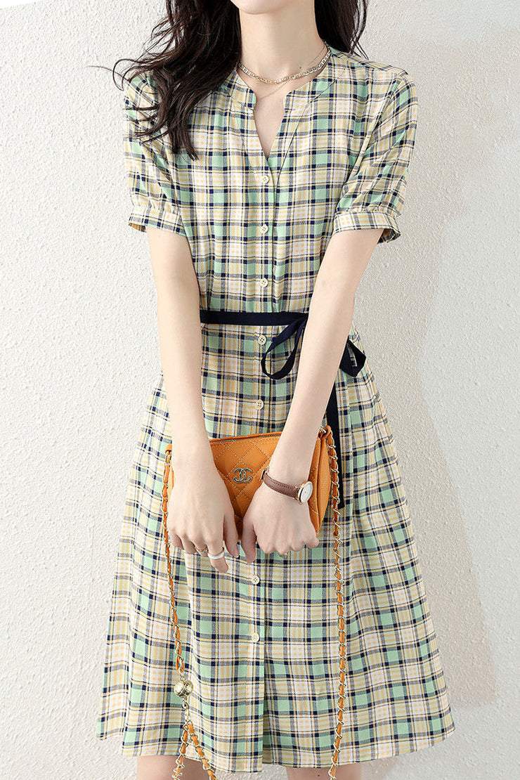 Skipper collar lace belt check dress