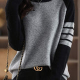 Loose Fit Color Block Crew Neck Knit Sweater