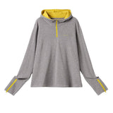 Half - zipper hooded knitted sweatshirt.