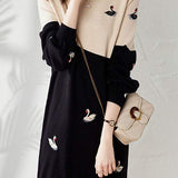 Wool Color-Block Swan Pattern Knit Dress