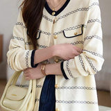 Elegant Round Neck Long Sleeve Striped Cardigan - 4 Colors Available