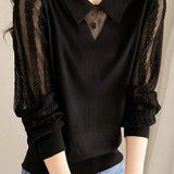 Sheer Sleeve Lace Detail Long Sleeve Slim Fit Knit - 2 Colors Available