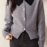 Color-Blocked Collared Knit Cardigan in Chanel Style